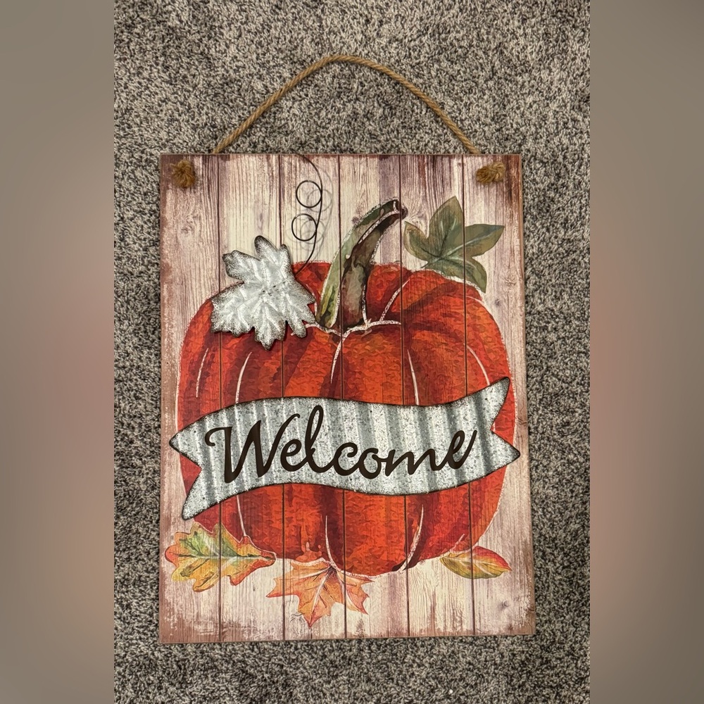 Wood and Metal Pumpkin Welcome Sign